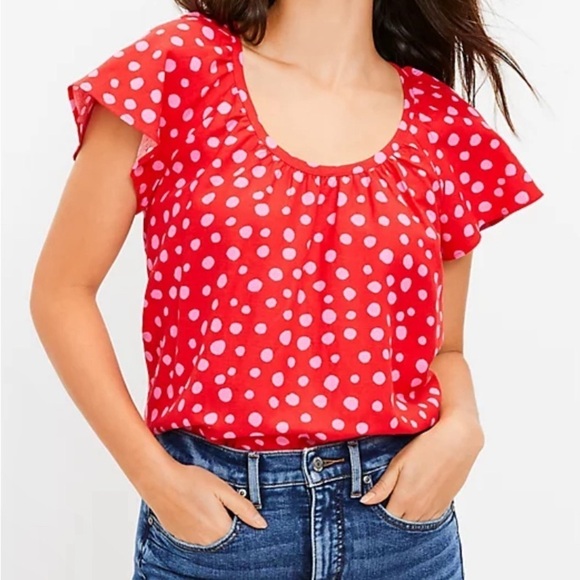 LOFT Red & Pink Zoo Dot Shirred Scoop Neck Top Size XL - Picture 1 of 8